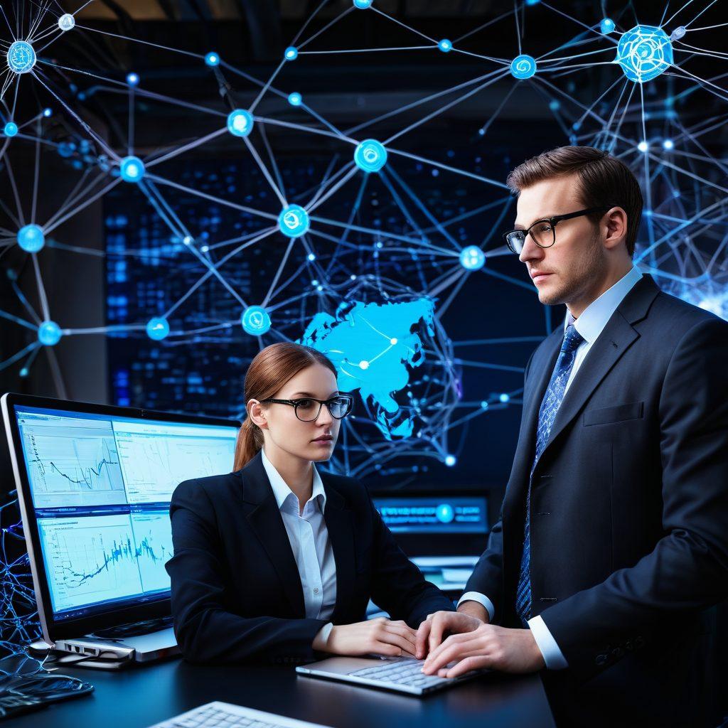 An intricate network diagram showcasing various BSD operating system elements, with interconnected nodes representing servers, switches, and client devices. Include a person in professional attire analyzing the network with a laptop, surrounded by flowcharts and graphs indicating efficiency improvements. The background features a tech-themed workspace with soft blue lighting for a calming effect. super-realistic. vibrant colors. 3D.