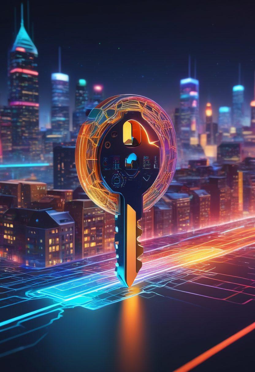 A glowing key unlocking a digital network, intertwined with colorful open-source icons like the BSD daemon, routers, and cables. The background features a futuristic city skyline with nodes and data streams flowing, symbolizing the transformation of networks through open-source solutions. Bright and engaging colors highlight innovation and collaboration. super-realistic. vibrant colors. 3D.